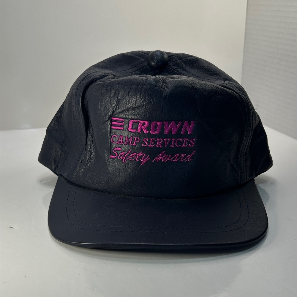 VTG Crownβ Camp Services Safety Award Leather Trucker Hat Grey Pink '97
